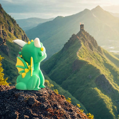 Charmanter 5 cm großer grüner Drache – 3D-gedruckte mehrfarbige Dekoration für Regal oder Schreibtisch, ideal für ein magisches und fantasievolles Zuhause. Blick auf eine Burg.