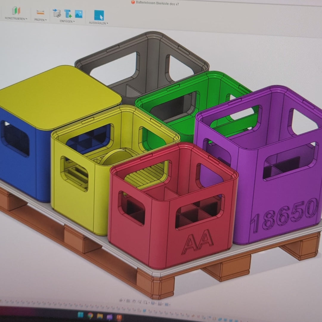 Video von Aufbewahrungsboxen für Batterien im Bierkisten-Design – 3D-gedruckte Boxen für Akkus und Batterien im einzigartigen Look einer modernen Getränkekiste, ideal für Ordnung und Aufbewahrung.